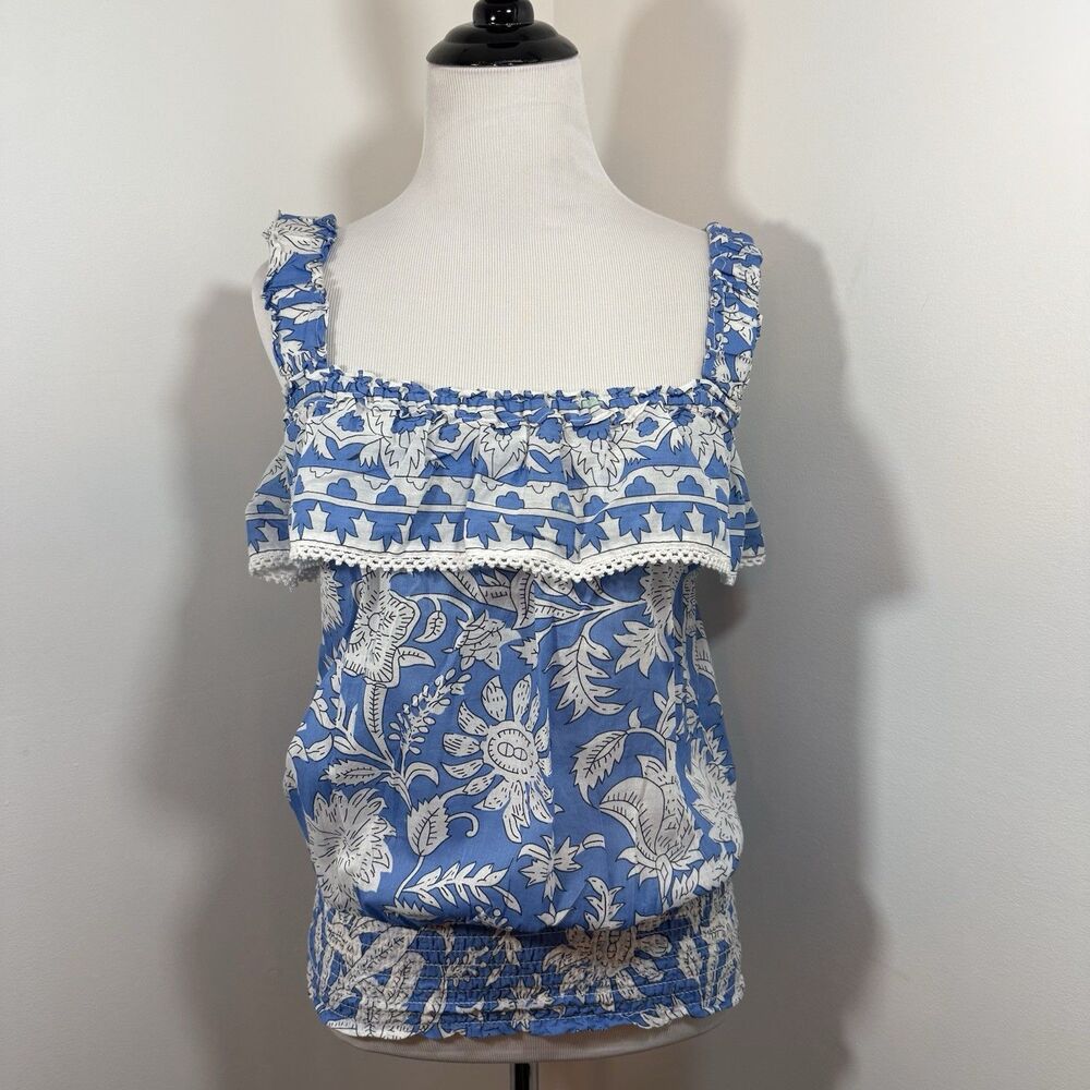 Blue Floral Ruffle Tank Top - Women’s Sleeveless Blouse